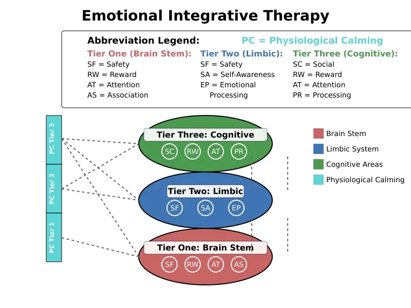 Emotional Integrative Therapy (EIT) visual model explains how the three tiers of the brain and their individual parts need to be integrated.